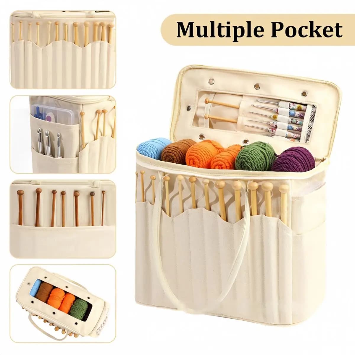 Portable Large Capacity Canvas Storage Bag Multi-layer Organizer for Knitting & Crochet Tools Yarn Needles and Hooks