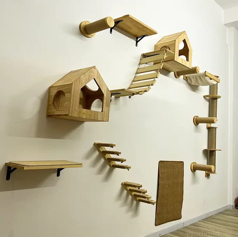 Wall Mounted Climbing Shelves Wooden Hammock with Ladder and Cat Bridge for Cat Perch Sleeping Pet Indoor Playground