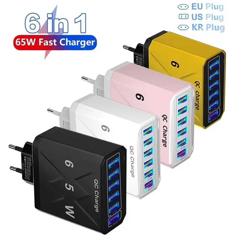 Caricatore USB da 65 W a 6 porte Caricatore da viaggio QC 3.0 a ricarica rapida per iPhone 14 13 Xiaomi Huawei Adattatore per telefono cellulare EU KR US UK Plug