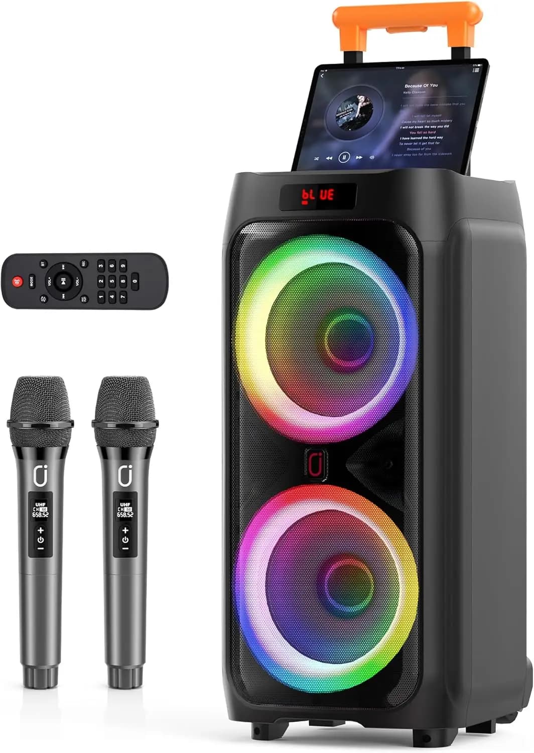 Macchina per Karaoke Portatile con 2 Microfoni Wireless, Altoparlante Bluetooth da 24 Pollici, Luci RGB, TWS/USB/AUX/TF/REC per Feste in Casa e all'Aperto
