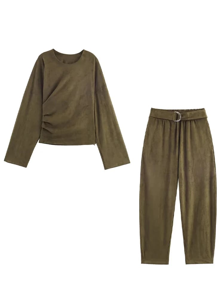 HH Pantaloni solidi da donna Abito con cerniera allentata Pieghettato Manica lunga O-Collo Pullover Top + Cintura autunnale Decora pantaloni versione con palloncino tascabile