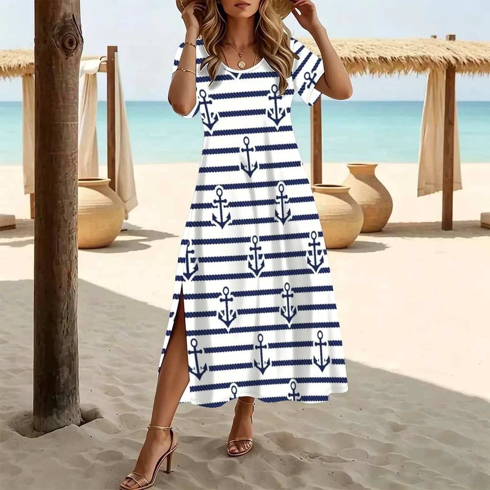 Nautical Blue Anchor Pattern, Nautical Boat Rope Stripes Women's Round Neck Short Sleeve Split Long Dress