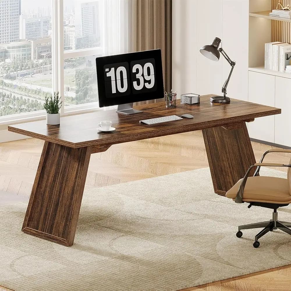 70.87 Grande scrivania direzionale con gambe inclinate, moderna scrivania da studio per l'home office, marrone rustico