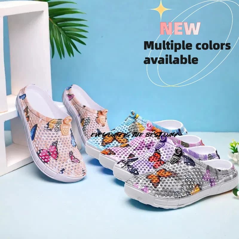 Sandali da donna con foro traspirante e stampa farfalla chic - Slip-on leggero e confortevole con suola morbida per l'uso quotidiano, all'aperto, da spiaggia,