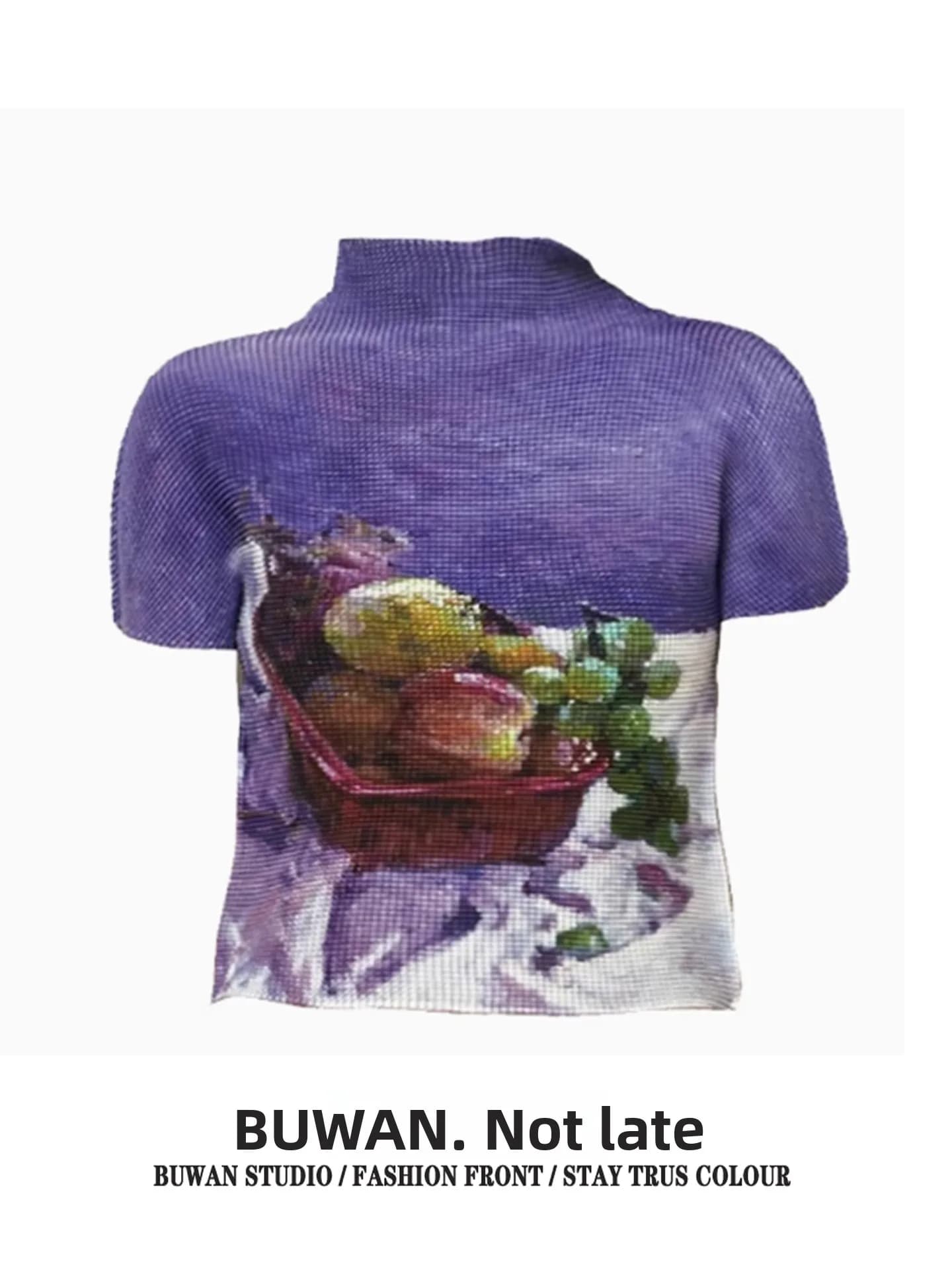 Unique Design Purple Fruit Still Life Pleated T-Shirt Women's Commute Style Short Sleeve Moisture Wicking Standard Fit Top