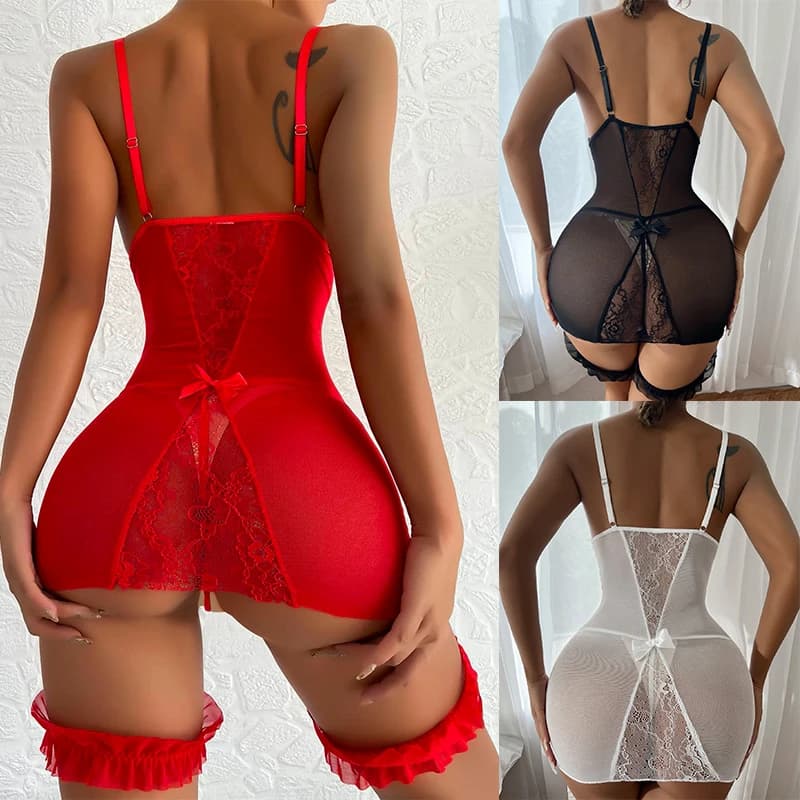 Intimo sexy per donna Reggiseno trasparente in rete rossa Giarrettiere + Set breve Set sexy per bambola senza cavallo Set di lingerie erotica a V profonda
