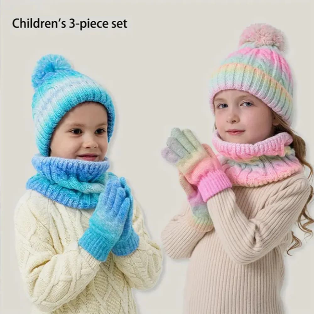 Guanti sciarpa per cappello invernale per bambini Set caldo in tre pezzi, 3-8 anni Ragazzi Ragazze ted Guanto scaldacollo colorato con berretto a sfera singolo termico