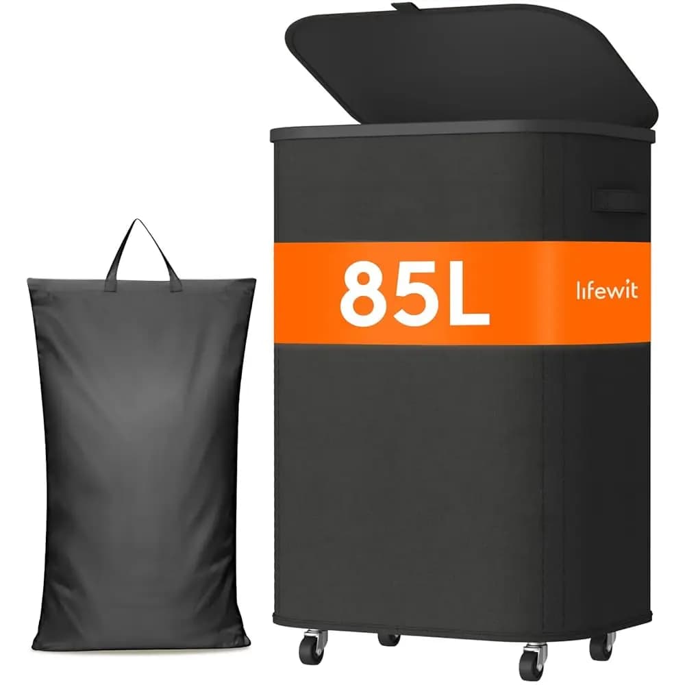Cesto per Bucato in Plastica da 85L con Coperchio, Grande Cesto Portabiancheria con Ruote e Sacca Rimovibile, Contenitore Alto Pieghevole con Ruote