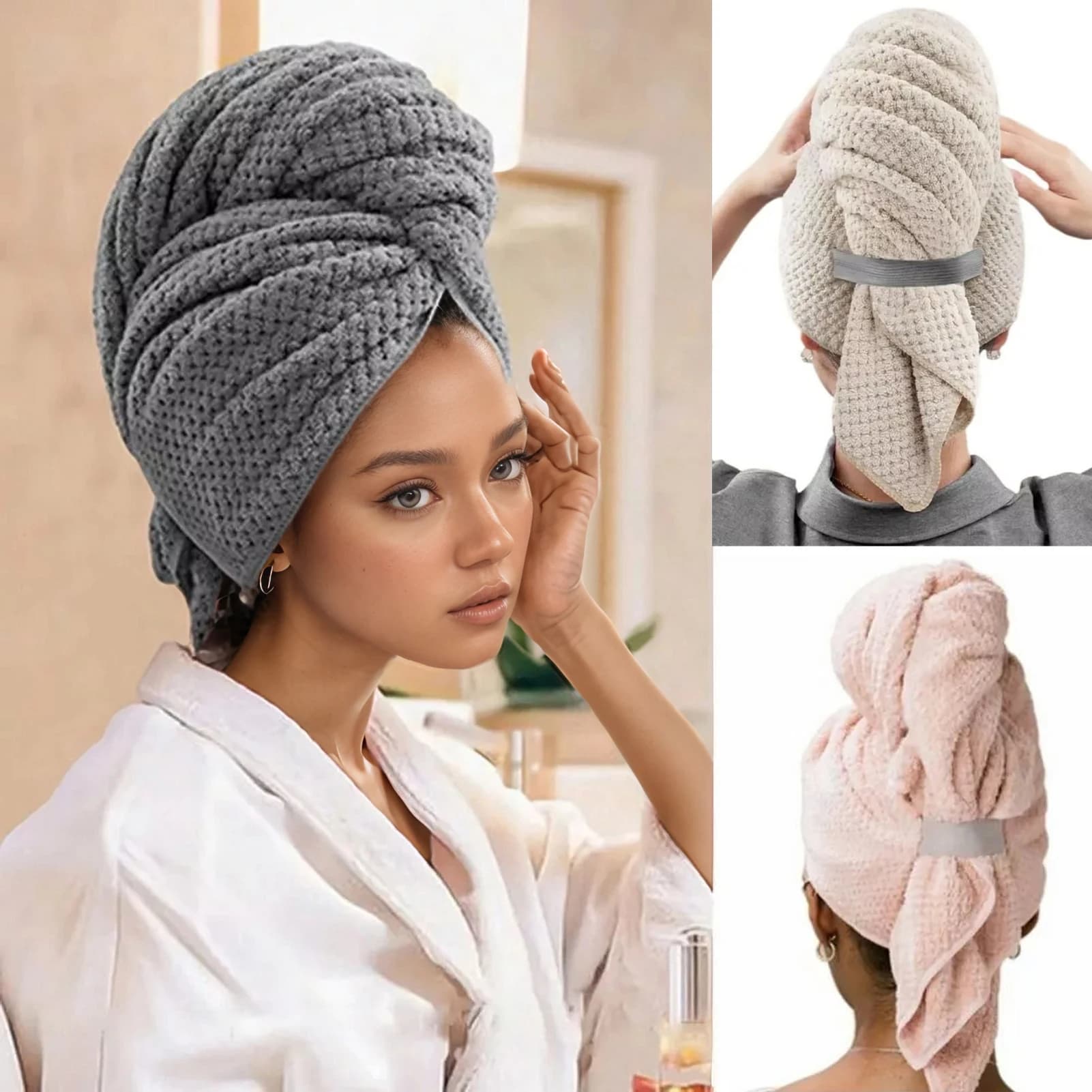 Asciugamano per capelli in tinta unita Asciugamano per capelli bsorbente con cappuccio per capelli asciutti testurizzati per donne abbottonate