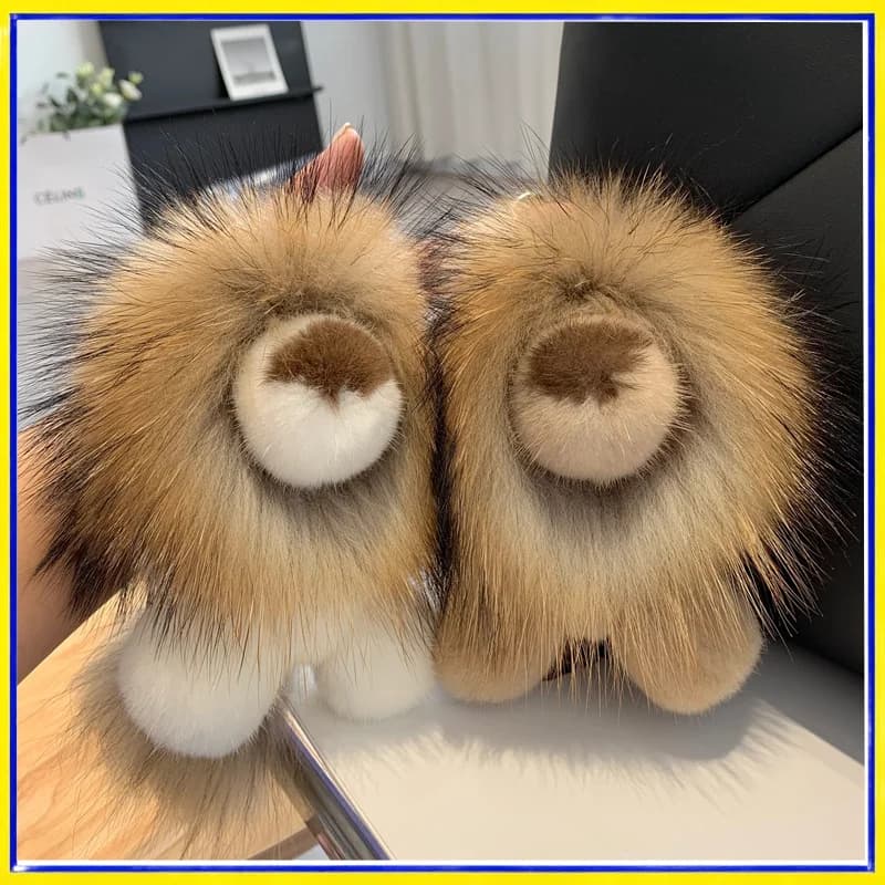 Real Mink Fur Lion Keychain Cute Luxury Soft Plush Bag Charm Stuffed Animal Car Key Pendant Birthday Gift For Women Girls