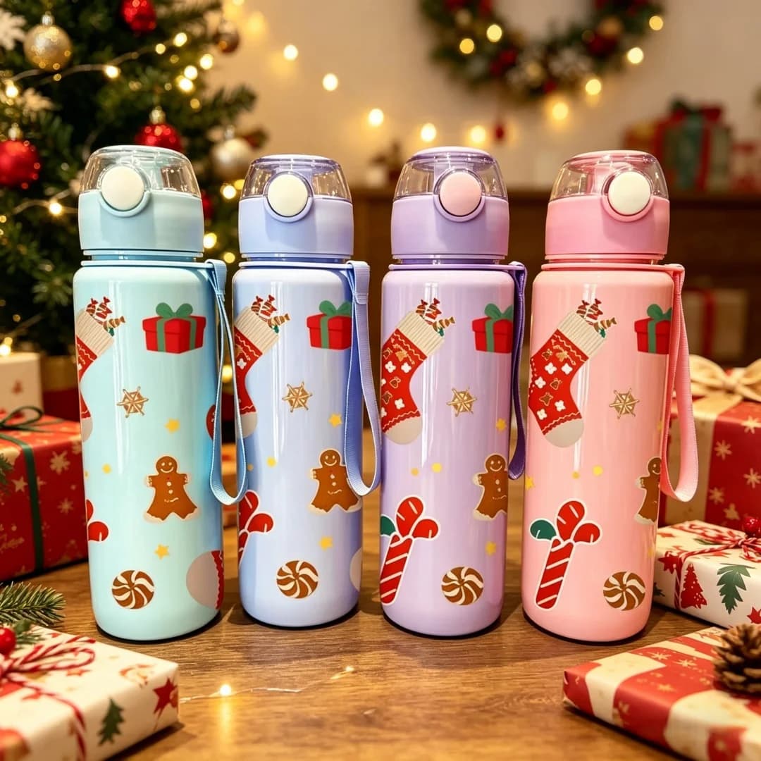 Borraccia con Stampa Completa di Elementi Natalizi e Motivo Stampato in 3D, Trendy ed Elegante, Leggera con Cordino Portatile