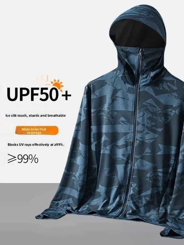 Abbigliamento mimetico da uomo in seta ghiaccio per protezione solare, leggero e traspirante, tuta estiva da pesca con cappello a tesa larga anti-UV