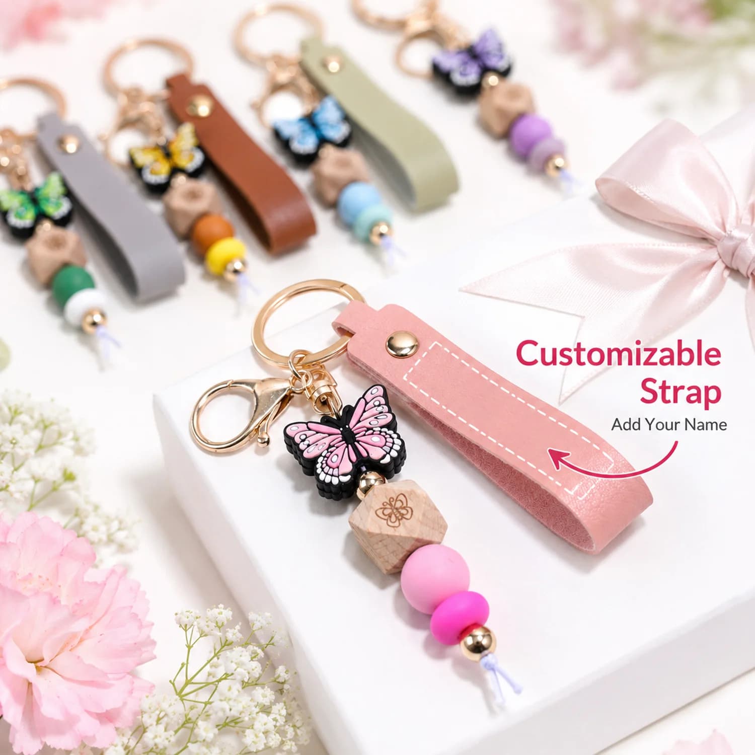 Custom Name Keychain Personalized Text Key Ring PU Leather Gift For Men Women Pendant Laser Engraved Name Butterfly Key Chain