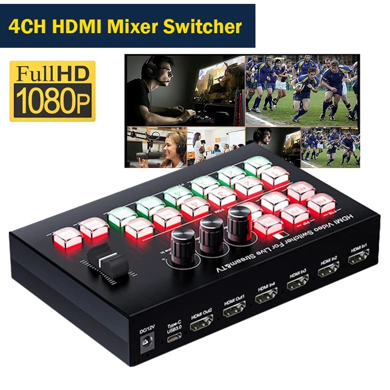 4 channel HDMI 4x2 1080P HDMI Video Mixer Switcher Multicamera Switcher for Live Stream Support PGM Recording PVW PIP OBS