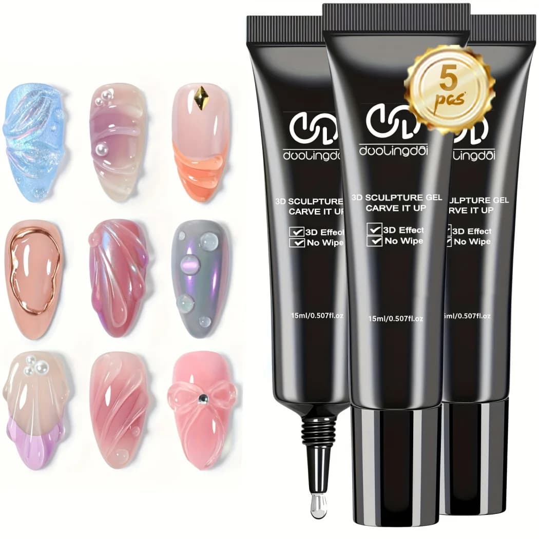 DOULINGDAI 5pcs Sculpting Gel 3D Gel Nail Art Design - 3 in 1 Clear No Wipe Nail Polish Rhinestone Nail Art Glue for Nail Gems Diamond Jewelry Manicure.