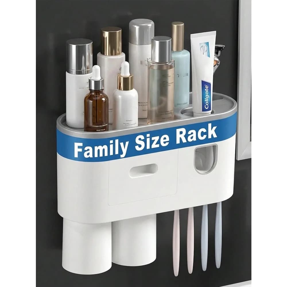 Portaspazzolino da parete senza foratura, 1 pezzo, con dispenser automatico di dentifricio, 4 ganci per spazzolini, 2 bicchieri, 1 organizer per cosmetici e ampio spazio contenitivo, porta spazzolino da parete con spremi dentifricio e 2 bicchieri per un rapido asciugamento.