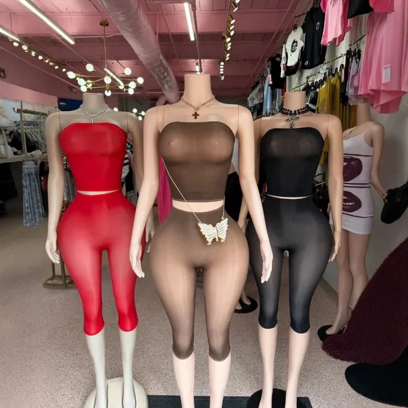 Women Oil Shiny Glossy High Stretch 2 Piece Set See Through Silky Strapless Crop Tops + Silky Stockings Calf Length Pants Suits