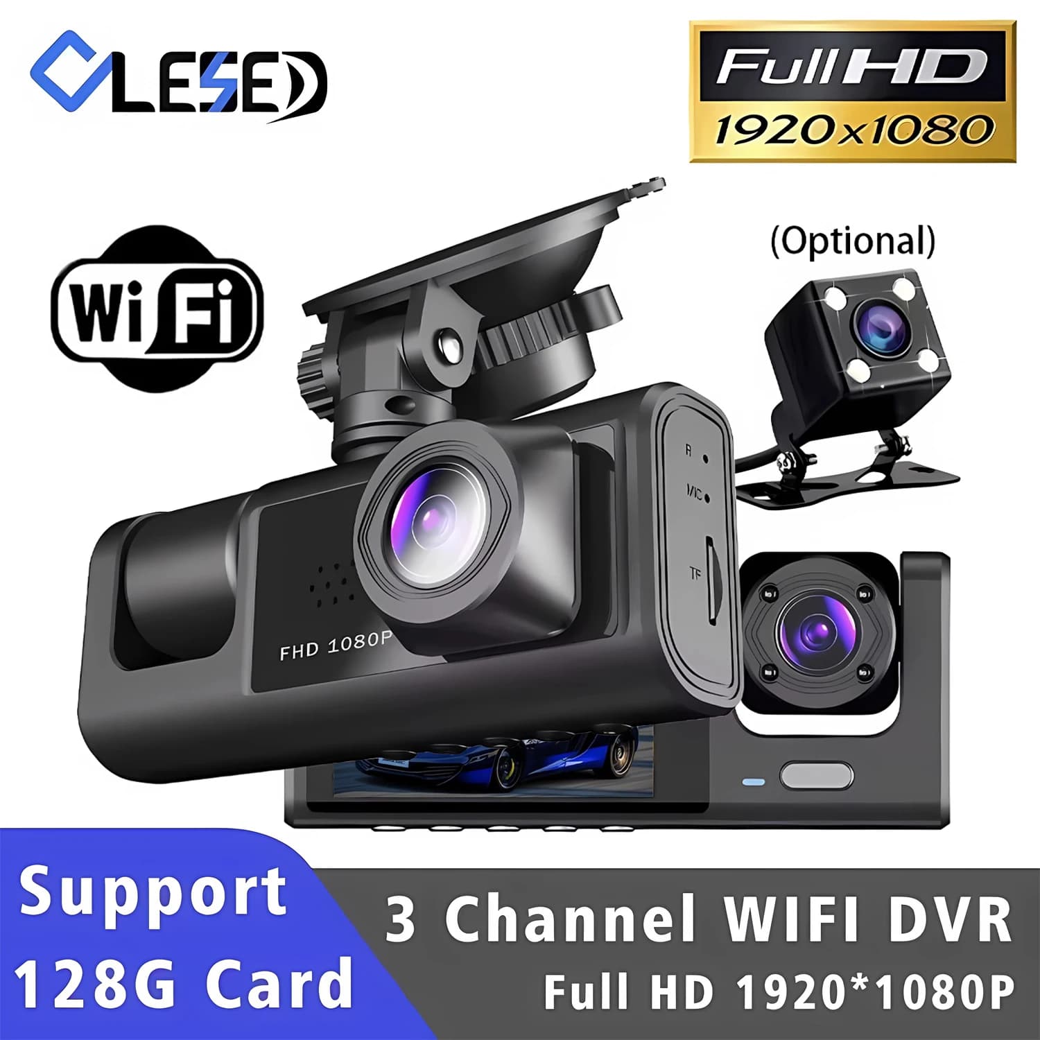 Videoregistratore DVR per Auto WiFi a 3 Canali, Telecamera Interna per Veicoli, Registratore FHD 1080P, Mini Dashcam