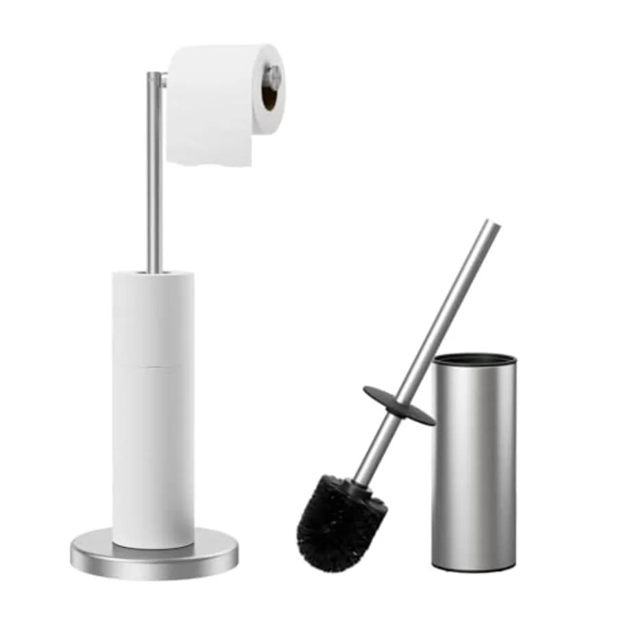Portarotolo da terra e set spazzola WC con supporto in acciaio inox 304, spazzola per WC con manico lungo e base robusta