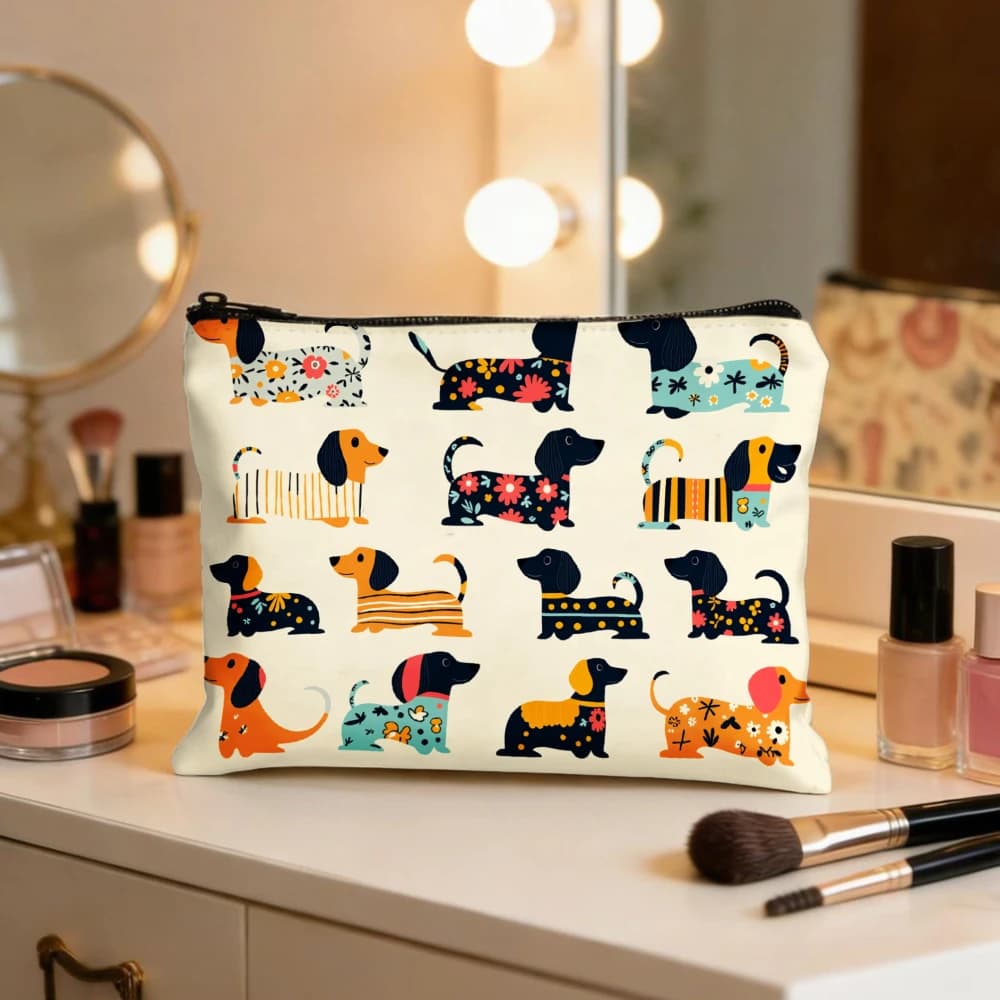 Borse per il trucco con stampa colorata di motivi di Bassotto per ragazze, pochette per cosmetici, borsa da toilette, astuccio per matite, custodia da viaggio