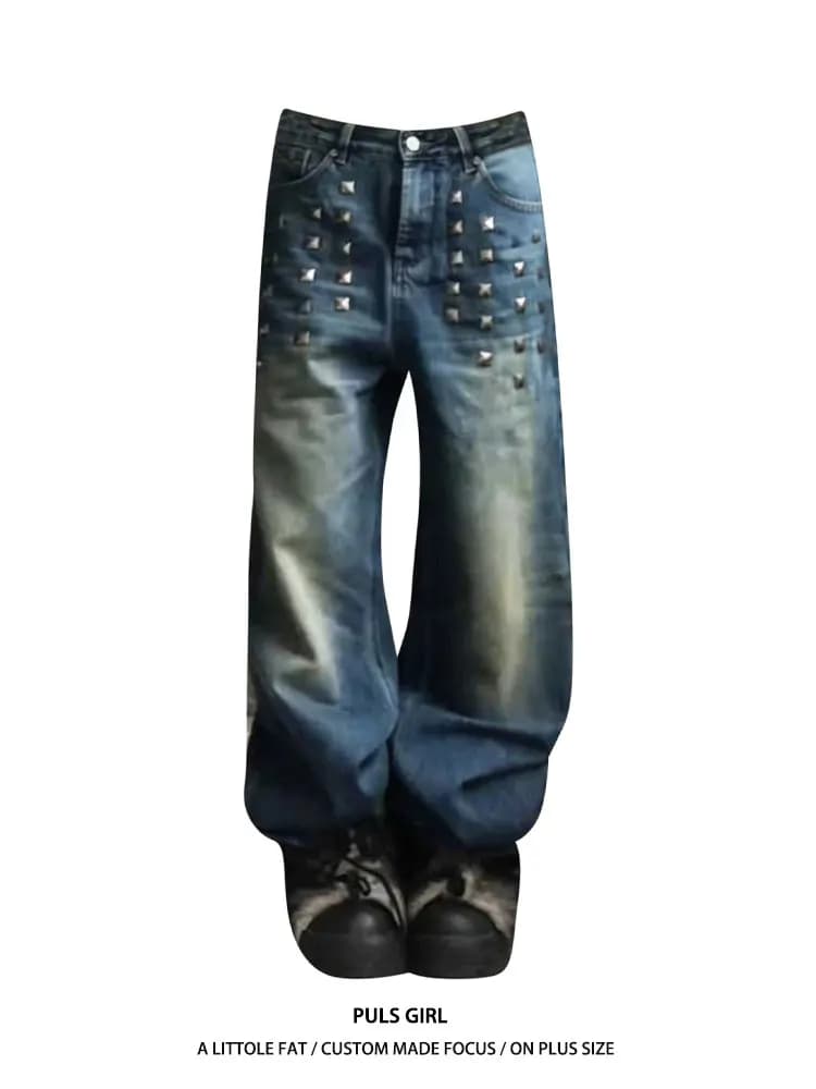 Retro American Large Size Jeans Women's Loose Wide Leg Pants High Waist Casual Style Water Washed Distressed Square Rivets