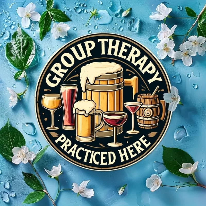 Design vintage divertente con scritta 'Group Therapy Practiced Here' con barile di birra, boccali da birra, bicchieri da vino e bicchieri da cocktail rotondi