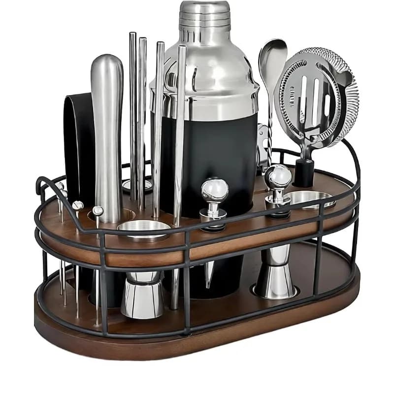 Home Hero Bartender Kit 22-Piece Stainless Steel Cocktail Shaker Bar Tool Set Wooden Stand Display Bar Cart Accessories Recipe