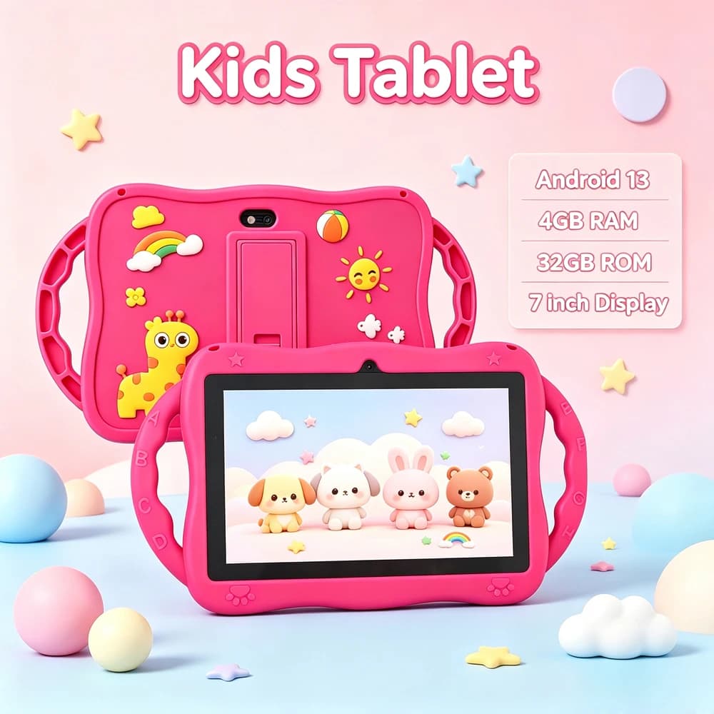 New Educational Tablet for Children 5G WIFI 7.0 Inches, 4GB RAM 64GB ROM, Quad Core, Mini Tablet with Leather Case, Support Games, Battery 4000mAh