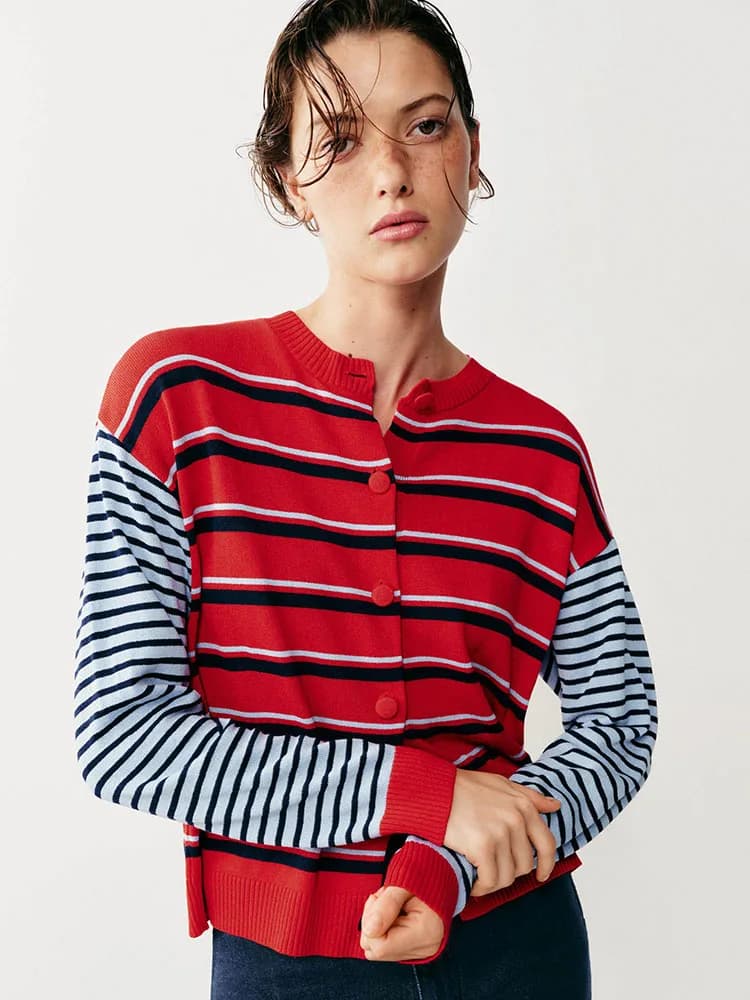 Fashionable Long Sleeve round Neck Striped Knitted Jacket New Arrival Women's Casual Style Knitwear Open Cardigan Style