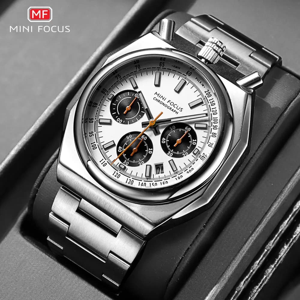 MINI FOCUS Quartz Chronograph Men's Watch Fashion Waterproof Luminous Wrist Watch with Calendar Stainless Steel Strap 0601