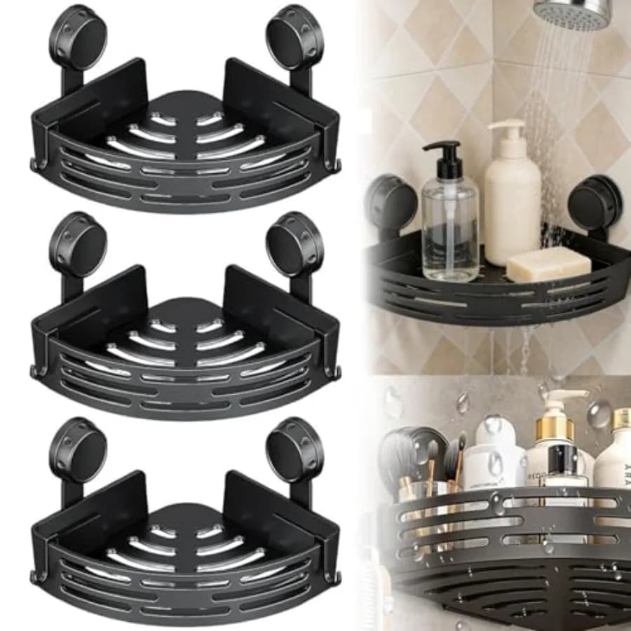 Set di 3 mensole angolari per doccia, senza foratura, adesive, con portasciugamani e ganci, organizer triangolare per bagno