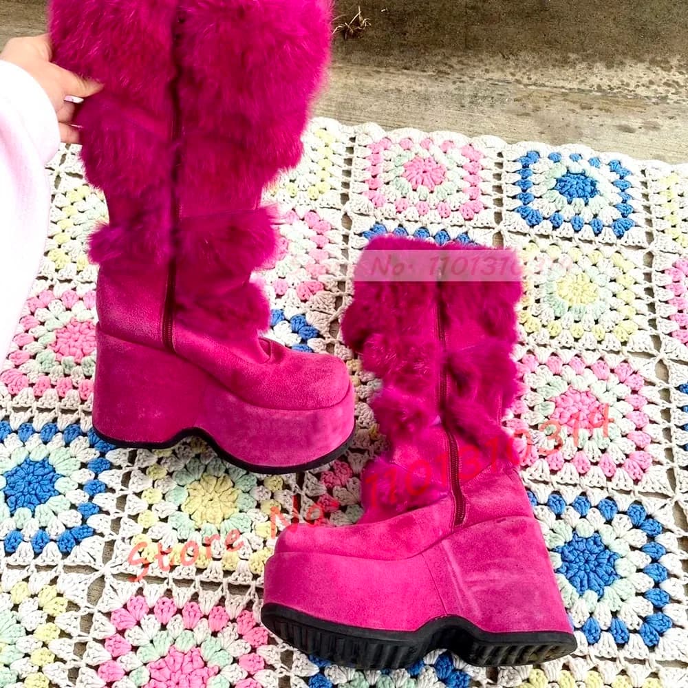 Hairy Knee Boots with Hot Pink Sole Chic Round Toe Sweet Shoes Lolita Girly Women's Winter Fur Boots Red Large Party Fur