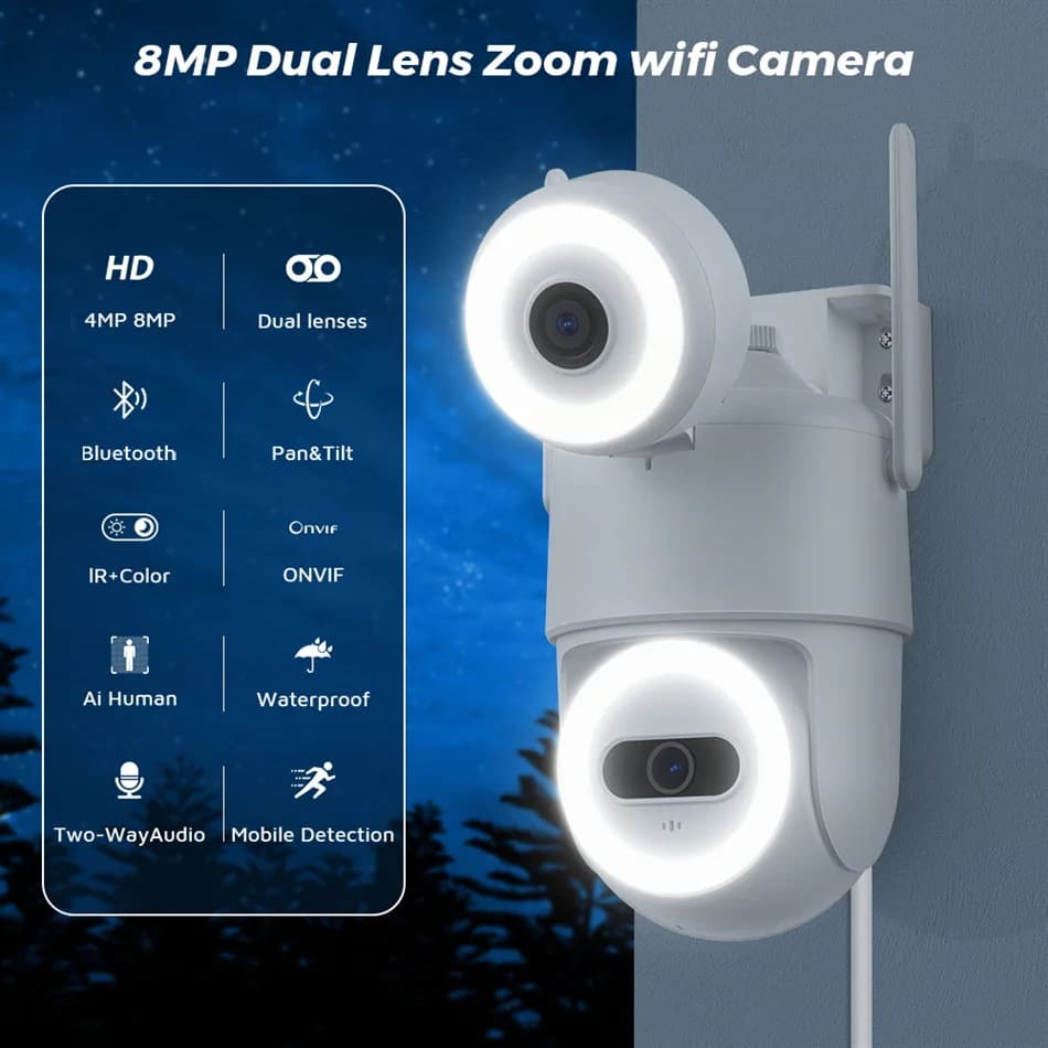 Telecamera IP Dome Wireless PTZ a Doppia Lente 6MP 1296P con App iCsee, Rilevamento Umanoide AI, Visione a Colori, Sicurezza CCTV, Interfono e Monitor per Bambini