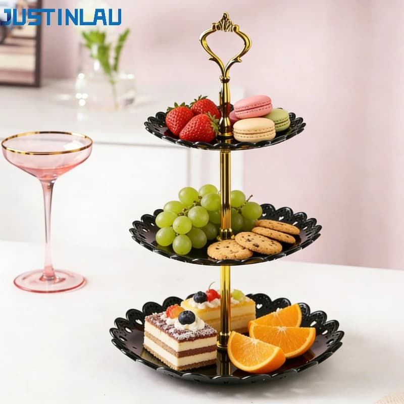 JUSTINLAU Vassoio per Frutta in Plastica a Petalo, Espositore a Tre Strati per Dessert, Vassoio Porta Frutta Secca, Supporto Multistrato per Frutta, Dessert e Torte per la Casa