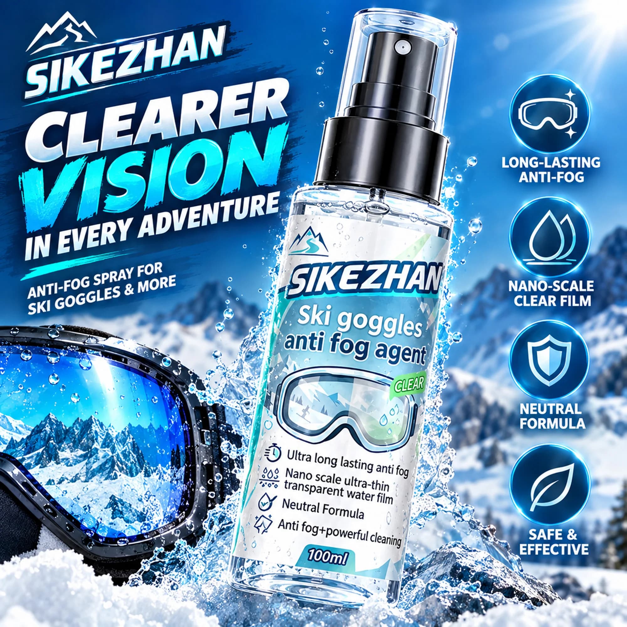Quick Anti Fog Spray for Snowboard Ski Goggles Clear Defogger for Motorcycle Helmet Eyewear Eyeglasses Glasses Cleaning Agent
