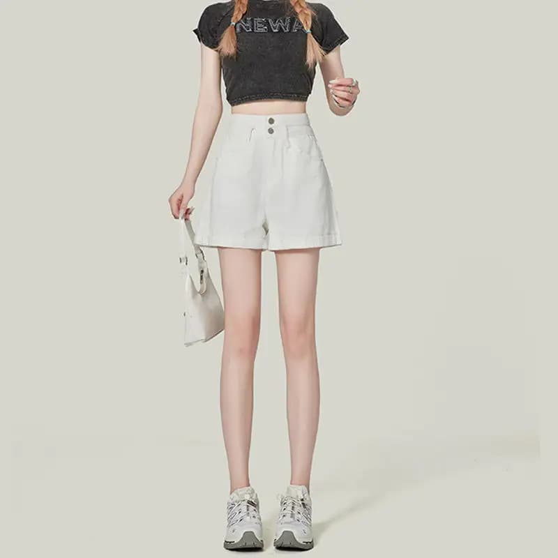 Trendy Double Buckle Cuffed Denim Shorts Women's Straight Leg Slimming Hot Pants Summer New Style High Waist Wide Leg Jeans