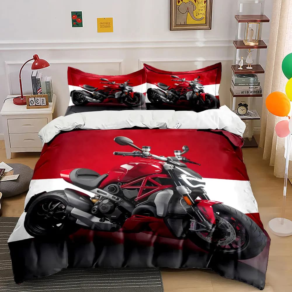 Design moderno di motocicletta rossa. Set di Biancheria da Letto Stampata: 1 Copripiumino e 2 Federe per Adulti e Bambini, Regalo di Lusso, Misura Completa