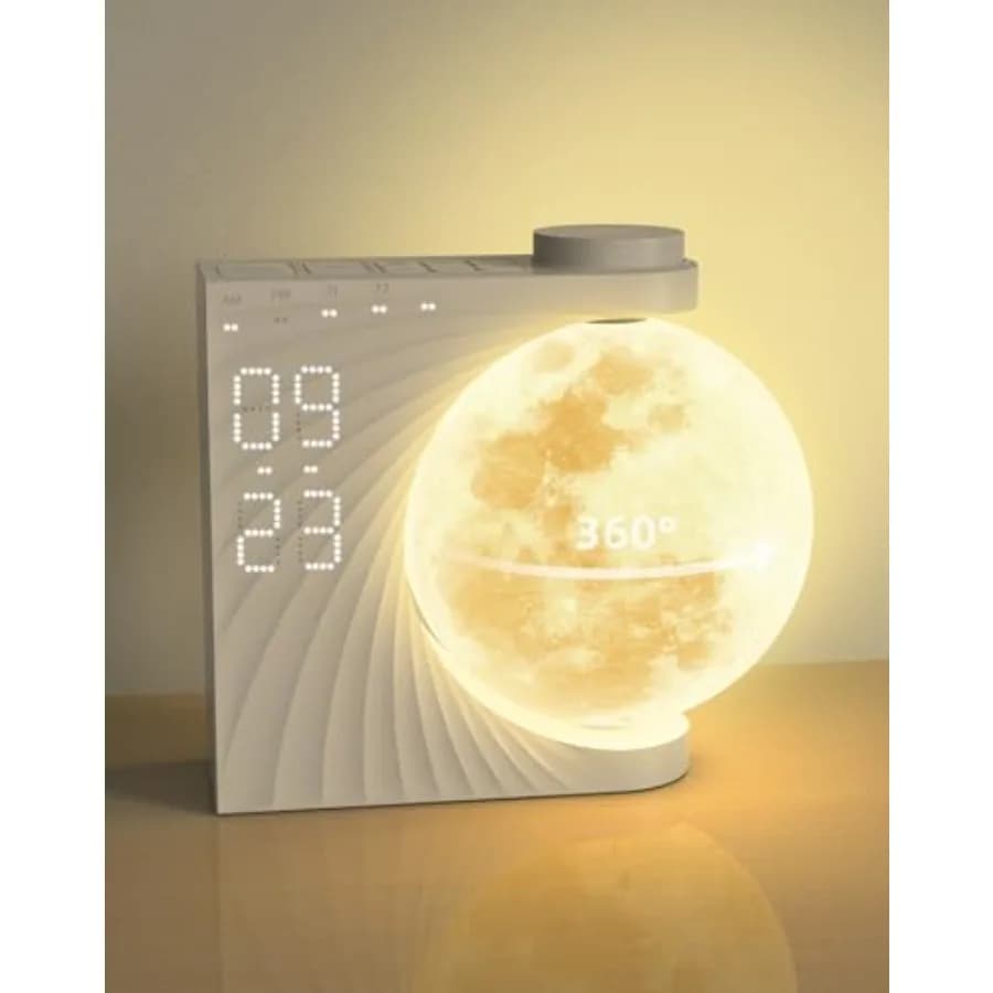 Sveglia con Simulazione dell'Alba per Camere da Letto - Lampada Lunare Rotante Automatica con Luce di Risveglio e Luce Notturna, 10 Suoni Naturali, Doppio Allarme