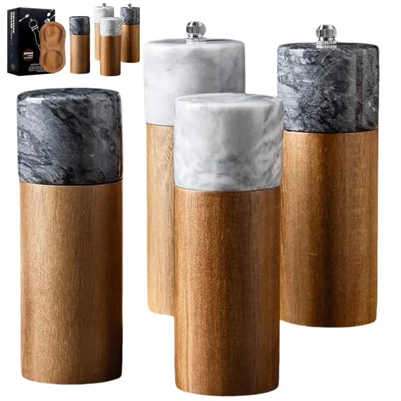 Macinapepe da cucina Set da 6" Bottiglia di condimento, Legno d'acacia, Coperchio in marmo, Legno impiombato, Macinazione manuale, Sali di mare Spezie neri