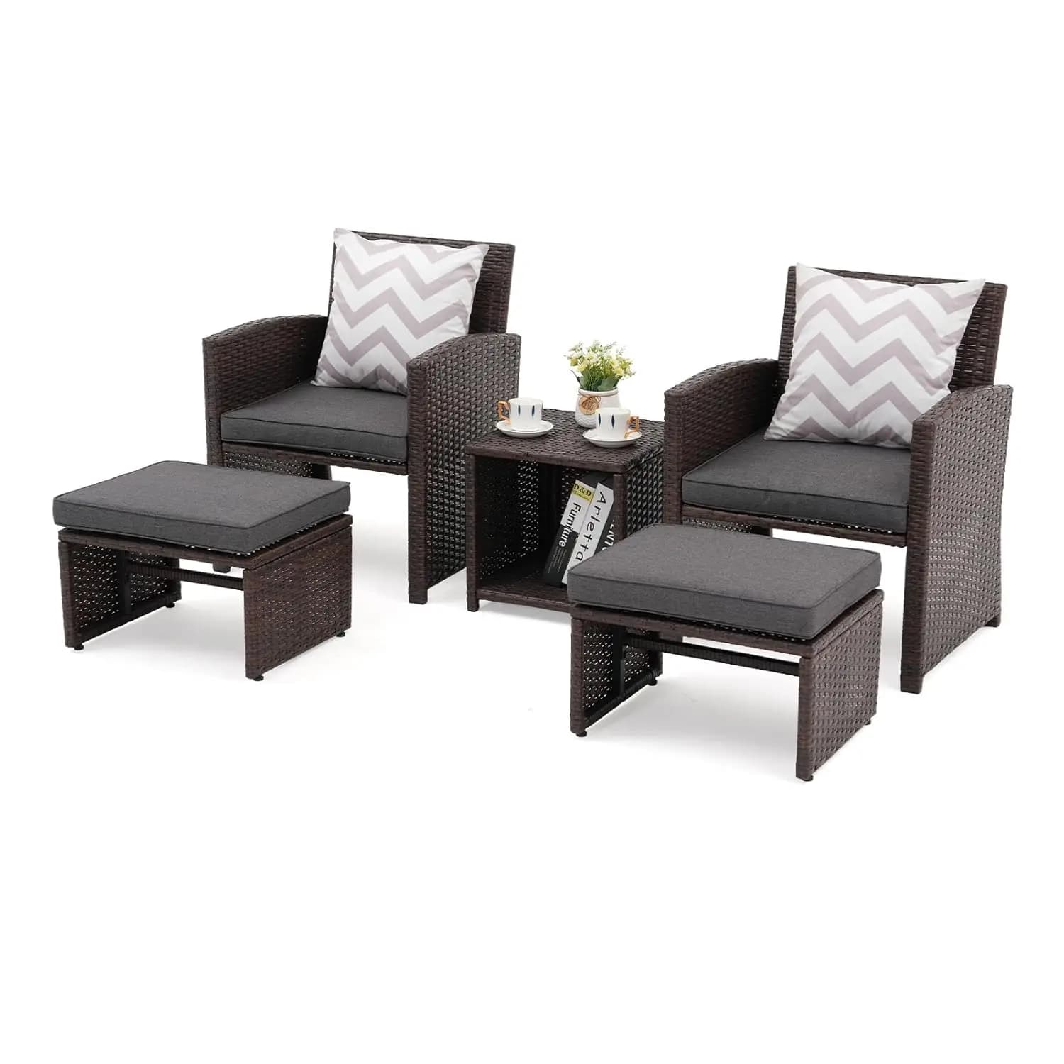 Conversation Set for Patio 5 Pieces, Balcony Furniture Set with Bearings, Brown Vine Chair with Poggiapiedi, Table with Vano Storage, Customizable