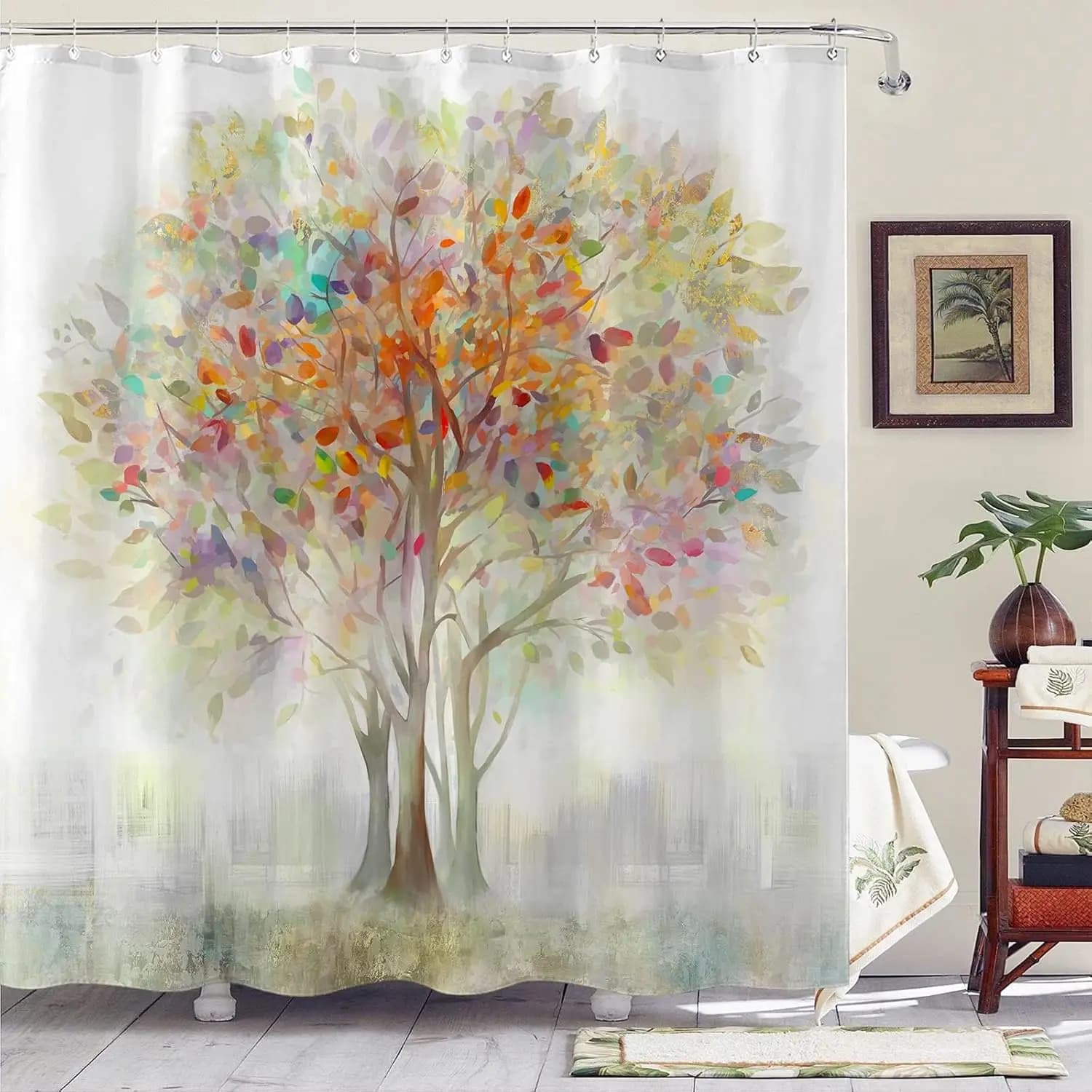 Watercolor Multicolor Lucky Tree Art Print Shower Curtain Waterproof Anti Mildew Polyester Fabric With Free Plastic Hooks Easy Q