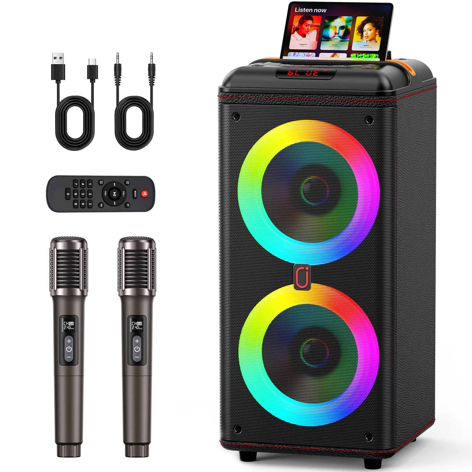 T39-T Karaoke Machine with 2 Wireless Microphones, Portable Bluetooth 5.3 Karaoke Speaker for Home Party Outdoors, PA System for