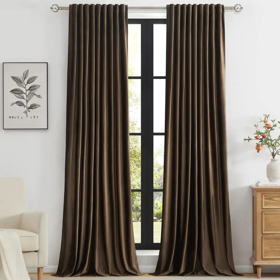 Brown Velvet Curtains Lengths 244 cm per Living Room, Set of 2 Dark Panels with Auction Pocket and Poster Languages for Safe Windows