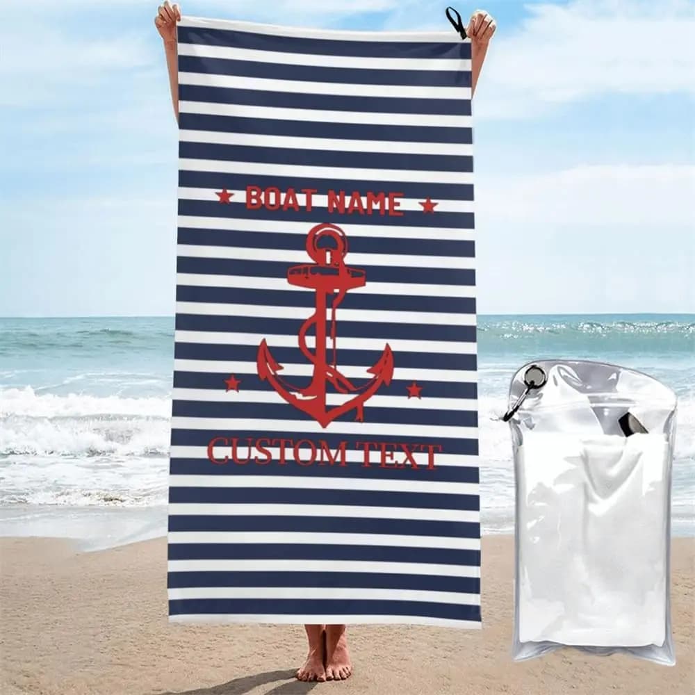 Customizable Nautical Anchor Striped Beach Towel Polyester Bath Mat Gift for Boat Pool Summer Coastal Sailor Decor