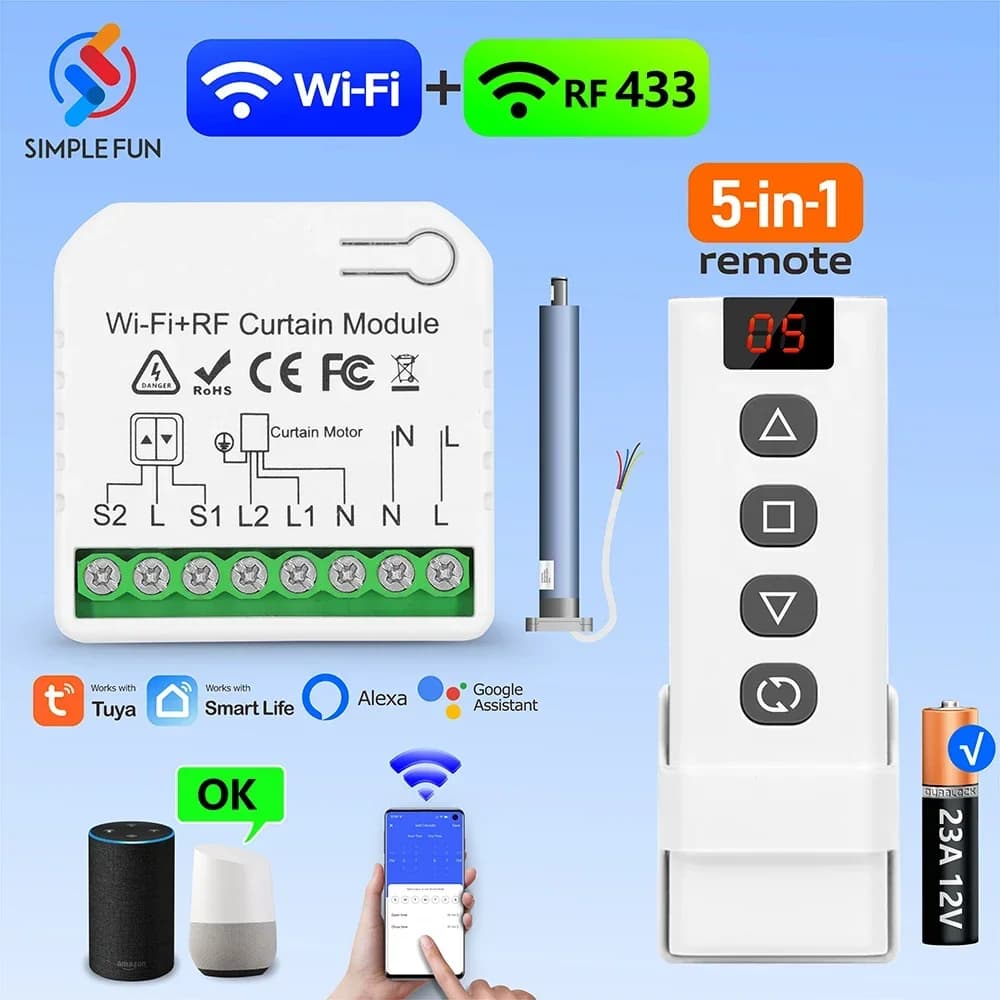 WiFi RF Curtain Smart Switch, Tuya Smart Life Module for Roller Shutter Window Blinds, 5-in-1 Remote, Timer, Google Home Alexa