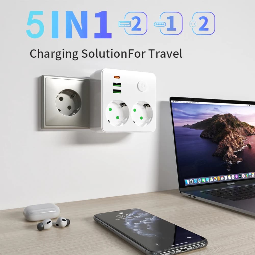 Presa EU 2 prese Presa multipla multipla da muro Presa elettrica Nessun cavo di prolunga con 2 porte USB 1 tipo C Alimentazione MAX 2500 W