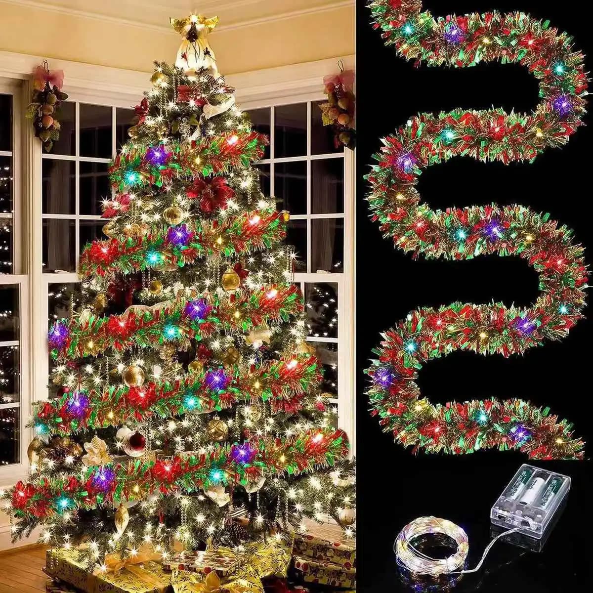 Ghirlanda natalizia in tinsel metallizzato lucido con luci LED, spessa e da appendere, adatta per decorazioni domestiche