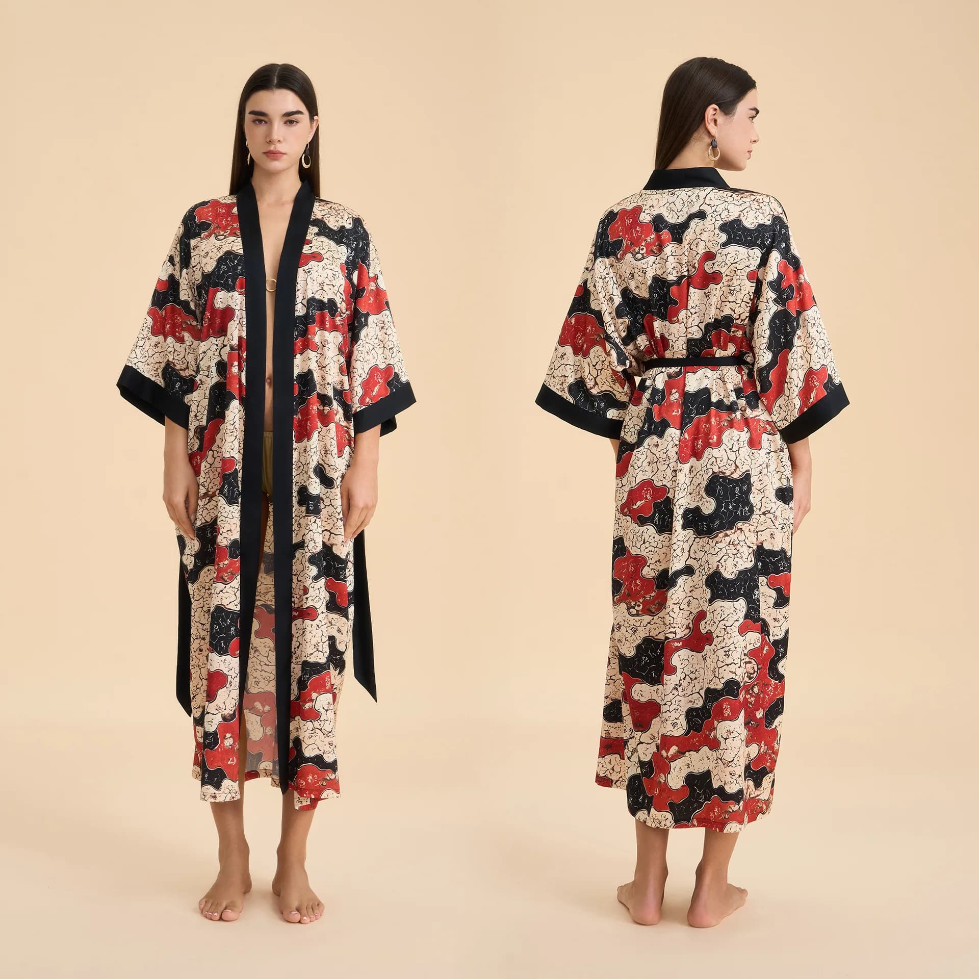 Stampa Fiore Abito lungo Abito da casa Indumenti da notte da donna Elegante camicia da notte in raso di seta Kimono Accappatoio Abito Allentato Casual Pigiama