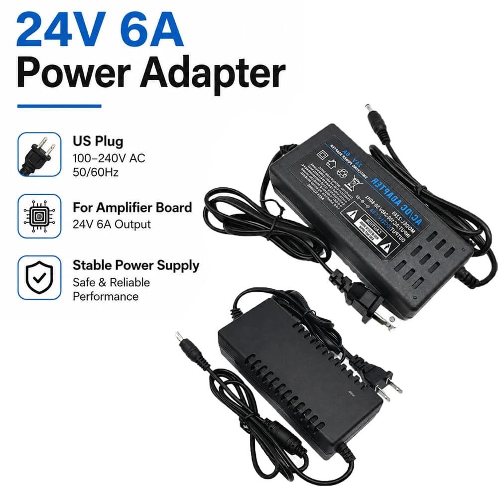 24V 6A Power Supply Adapter For Amplifier Board, AC 100-240V To DC 24V Converter With US Plug And DC Barrel Connector Cord