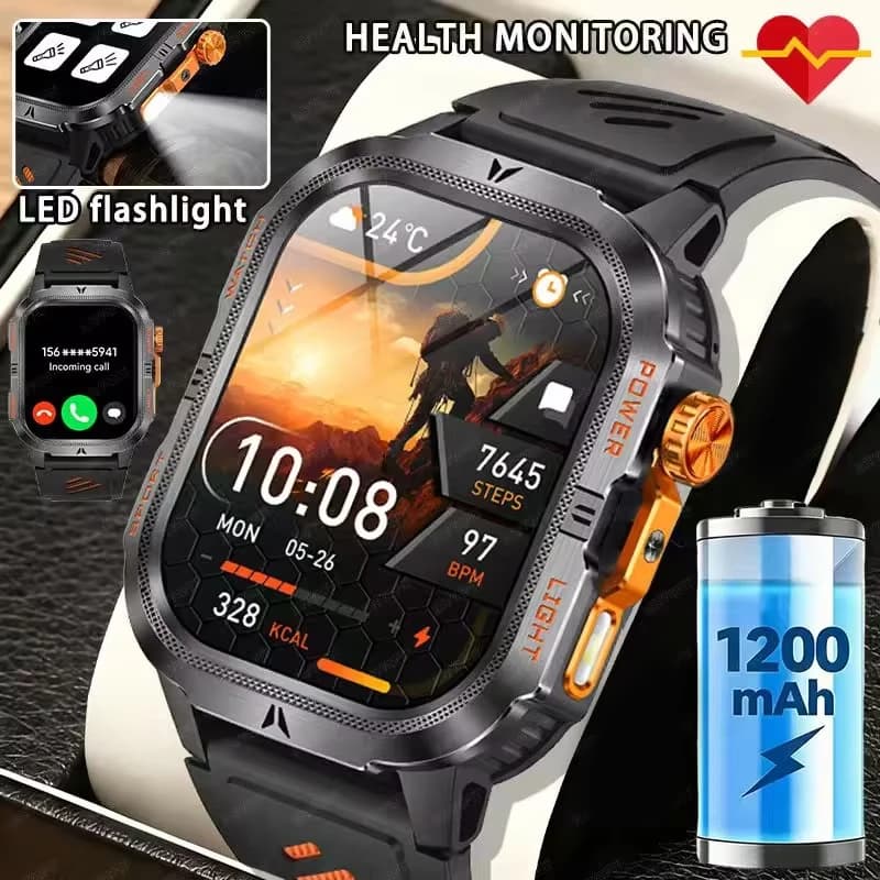 Smartwatch Militare Robusto 2026 con Batteria Grande da 1200mAh, Orologio da Esterno da Uomo con Schermo Touch HD da 2.01" e Chiamata Vocale Bluetooth